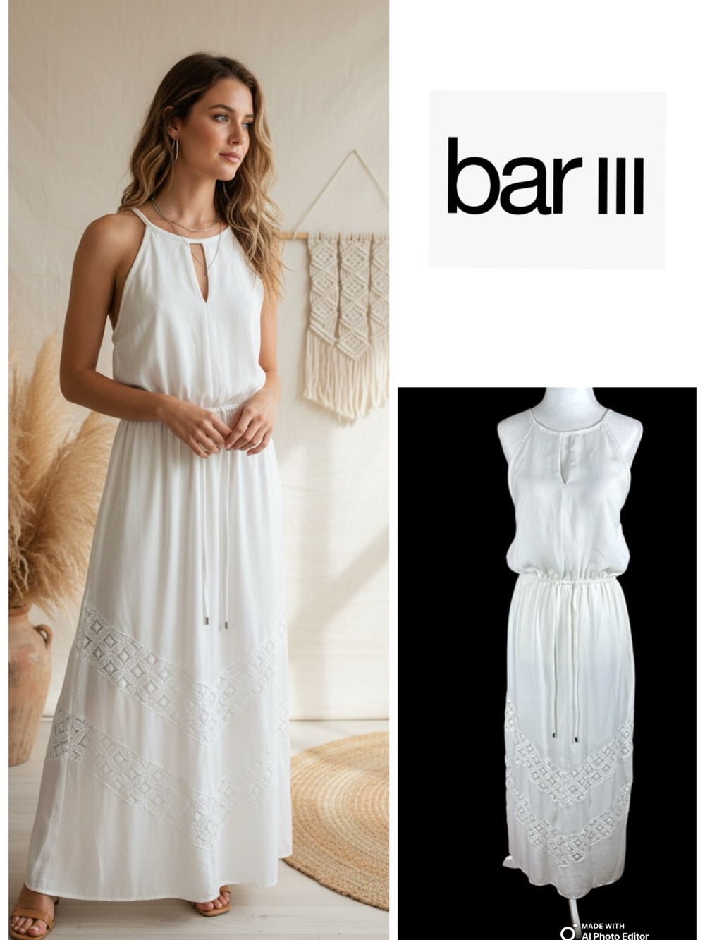 Bar III White Crochet-Trim Sleeveless Maxi Dress with Drawstring Waist
